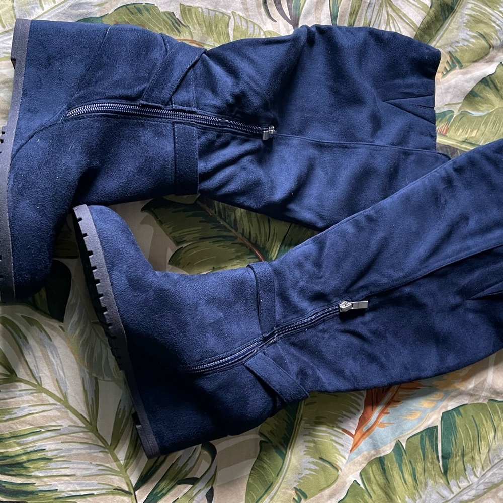 Brand new blue wedged, wide calf boots